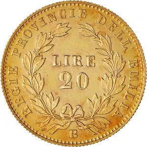A nome di Vittorio Emanuele II di Savoia 1859 1861 Governo delle Regie Province dell'Emilia 20 lire 1860 Valore entro semicorona di alloro 20,5 mm 6,44 6,45 g Au rovescio