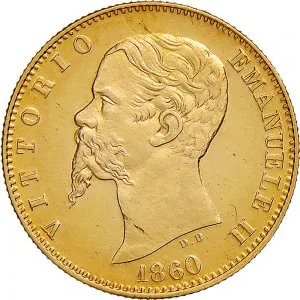A nome di Vittorio Emanuele II di Savoia 1859 1861 Governo delle Regie Province dell'Emilia 20 lire 1860 Valore entro semicorona di alloro 20,5 mm 6,44 6,45 g Au dritto