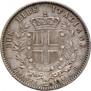 A nome di Vittorio Emanuele II di Savoia re eletto 1859 1861 Governo della Toscana 2 fase 2 lire 1860 1861 Scudo sannitico 27 mm 9,58 10,00 g Ag rovescio