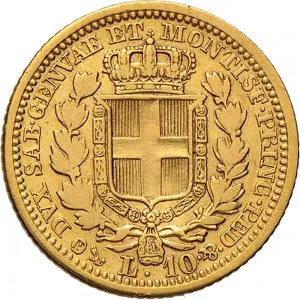 Carlo Alberto di Savoia 1831 1849 Regno di Sardegna 10 lire 1833 1847 Scudo sannitico 18 mm 3,13 3,30 g Au rovescio