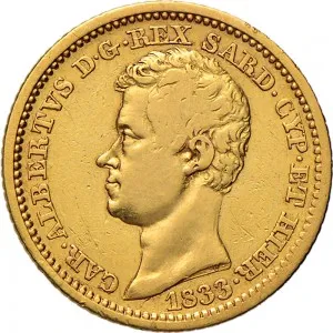 Carlo Alberto di Savoia 1831 1849 Regno di Sardegna 10 lire 1833 1847 Scudo sannitico 18 mm 3,13 3,30 g Au dritto