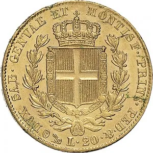 Carlo Alberto di Savoia 1831 1849 Regno di Sardegna 20 lire 1831 1832 Scudo sannitico 1 tipo 21 mm 6,35 6,45 g Au rovescio