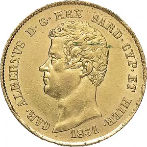 Carlo Alberto di Savoia 1831 1849 Regno di Sardegna 20 lire 1831 1832 Scudo sannitico 1 tipo 21 mm 6,35 6,45 g Au dritto