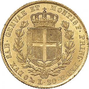 Carlo Alberto di Savoia 1831 1849 Regno di Sardegna 20 lire 1832 1849 Scudo sannitico 2 tipo 21 mm 6,35 6,45 g Au rovescio
