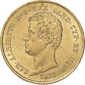 Carlo Alberto di Savoia 1831 1849 Regno di Sardegna 20 lire 1832 1849 Scudo sannitico 2 tipo 21 mm 6,35 6,45 g Au dritto