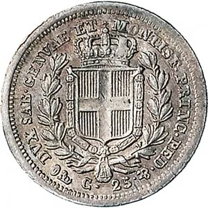 Carlo Alberto di Savoia 1831 1849 Regno di Sardegna 25 centesimi 1833 Scudo sannitico 15 mm 1,20 1,25 g Ag rovescio
