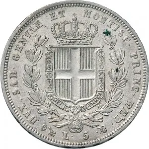 Carlo Alberto di Savoia 1831 1849 Regno di Sardegna 5 lire 1831 1834 Scudo sannitico 3 tipo 37 mm 24,72 25,03 g Ag rovescio
