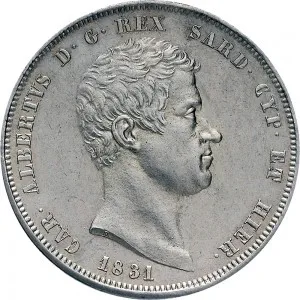 Carlo Alberto di Savoia 1831 1849 Regno di Sardegna 5 lire 1831 Scudo sannitico 1 tipo 37 mm 24,72 25,03 g Ag dritto