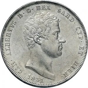 Carlo Alberto di Savoia 1831 1849 Regno di Sardegna 5 lire 1831 Scudo sannitico 2 tipo 37 mm 24,72 25,03 g Ag dritto