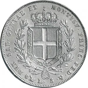 Carlo Alberto di Savoia 1831 1849 Regno di Sardegna 5 lire 1835 1849 Scudo sannitico 4 tipo 37 mm 24,72 25,03 g Ag rovescio