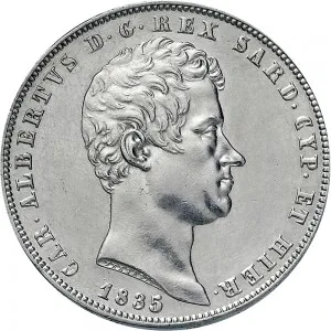 Carlo Alberto di Savoia 1831 1849 Regno di Sardegna 5 lire 1835 1849 Scudo sannitico 4 tipo 37 mm 24,72 25,03 g Ag dritto