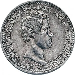 Carlo Alberto di Savoia 1831 1849 Regno di Sardegna 50 centesimi 1833 1847 Scudo sannitico 18 mm 2,35 2,50 g Ag dritto