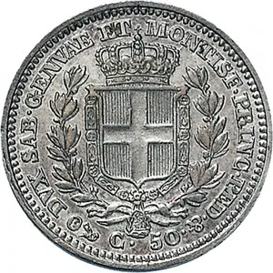 Carlo Alberto di Savoia 1831 1849 Regno di Sardegna 50 centesimi 1833 1847 Scudo sannitico 18 mm 2,35 2,50 g Ag rovescio