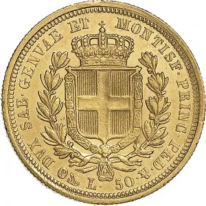 Carlo Alberto di Savoia 1831 1849 Regno di Sardegna 50 lire 1833 1836 Scudo sannitico 27 mm 16,11 16,12 g Au rovescio