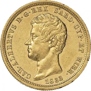 Carlo Alberto di Savoia 1831 1849 Regno di Sardegna 50 lire 1833 1836 Scudo sannitico 27 mm 16,11 16,12 g Au dritto