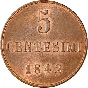 Carlo Alberto di Savoia 1831 1849 Regno di Sardegna Monetazione per la Sardegna 5 centesimi 1842 Valore 24 mm 5,00 5,19 g Cu rovescio
