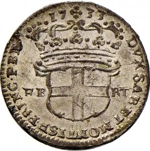Carlo Emanuele III di Savoia 1730 1773 Regno di Sardegna Periodo anteriore alla riforma monetaria del 1754 2,6 soldi 1732 1743 Scudo a cartoccio 1 tipo 20 21 mm 2,17 3,84 g Mi rovescio
