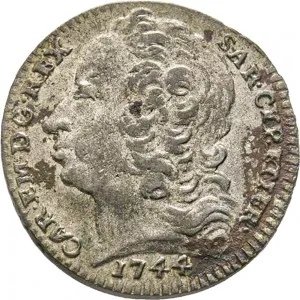 Carlo Emanuele III di Savoia 1730 1773 Regno di Sardegna Periodo anteriore alla riforma monetaria del 1754 2,6 soldi 1744 1750 Scudo ovale a cartoccio 2 tipo 20 mm 2,10 3,28 g Mi dritto
