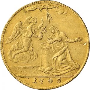 Carlo Emanuele III di Savoia 1730 1773 Regno di Sardegna Periodo anteriore alla riforma monetaria del 1754 4 zecchini da 36 lire 1745 1747 Annunciazione 31 32 mm 13,72 13,95 g Au rovescio
