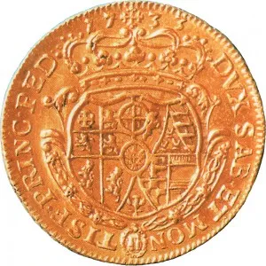 Carlo Emanuele III di Savoia 1730 1773 Regno di Sardegna Periodo anteriore alla riforma monetaria del 1754 Doppia da 4 scudi 1733 Scudo sagomato 1 tipo 25 mm 6,65 6,69 g Au rovescio