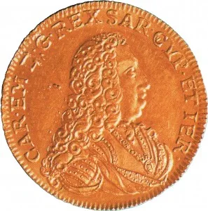 Carlo Emanuele III di Savoia 1730 1773 Regno di Sardegna Periodo anteriore alla riforma monetaria del 1754 Doppia da 4 scudi 1733 Scudo sagomato 1 tipo 25 mm 6,65 6,69 g Au dritto