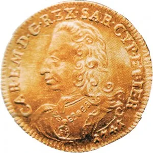 Carlo Emanuele III di Savoia 1730 1773 Regno di Sardegna Periodo anteriore alla riforma monetaria del 1754 Doppia da 4 scudi 1741 1742 Scudo sagomato 2 tipo 25 mm 7,00 7,23 g Au dritto