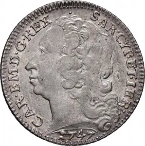 Carlo Emanuele III di Savoia 1730 1773 Regno di Sardegna Periodo anteriore alla riforma monetaria del 1754 Lira da 20 soldi 1747 1748 Scudo sagomato 3 tipo 26 27 mm 5,47 5,58 g Ag dritto