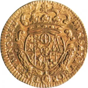 Carlo Emanuele III di Savoia 1730 1773 Regno di Sardegna Periodo anteriore alla riforma monetaria del 1754 Mezza doppia da 2 scudi 1733 1734 Scudo sagomato 1 tipo 20 mm 3,3 g Au rovescio