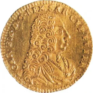 Carlo Emanuele III di Savoia 1730 1773 Regno di Sardegna Periodo anteriore alla riforma monetaria del 1754 Mezza doppia da 2 scudi 1733 1734 Scudo sagomato 1 tipo 20 mm 3,3 g Au dritto