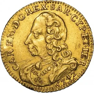 Carlo Emanuele III di Savoia 1730 1773 Regno di Sardegna Periodo anteriore alla riforma monetaria del 1754 Mezza doppia da 2 scudi 1741 1742 Scudo sagomato 2 tipo 20 21 mm 3,51 3,56 g Au dritto