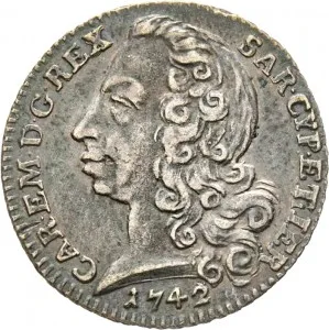 Carlo Emanuele III di Savoia 1730 1773 Regno di Sardegna Periodo anteriore alla riforma monetaria del 1754 Mezza lira da 10 soldi 1742 Scudo sagomato 2 tipo 21 mm 2,76 2,86 g Ag dritto