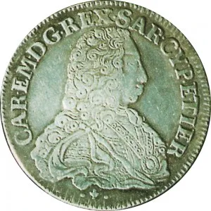 Carlo Emanuele III di Savoia 1730 1773 Regno di Sardegna Periodo anteriore alla riforma monetaria del 1754 Mezzo scudo da 2,10 lire 1733 1735 Scudo sagomato 34,0 34,5 mm 14,75 14,80 g Ag dritto
