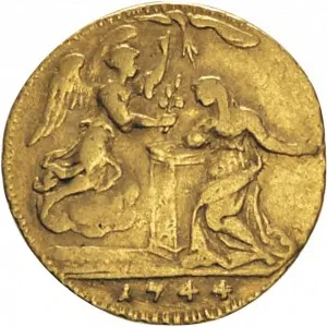 Carlo Emanuele III di Savoia 1730 1773 Regno di Sardegna Periodo anteriore alla riforma monetaria del 1754 Mezzo zecchino da 4,17 lire 1744 1746 Annunciazione 17,0 17,5 mm 1,68 1,73 g Au rovescio