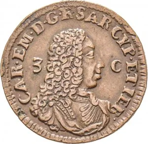 Carlo Emanuele III di Savoia 1730 1773 Regno di Sardegna Periodo anteriore alla riforma monetaria del 1754 Monetazione per la Sardegna 3 cagliaresi da sei denari 1732 Croce piana 1 tipo 24 mm 5,480 7,014 g Cu dritto