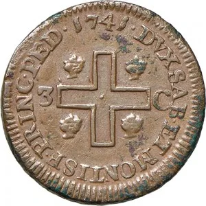 Carlo Emanuele III di Savoia 1730 1773 Regno di Sardegna Periodo anteriore alla riforma monetaria del 1754 Monetazione per la Sardegna 3 cagliaresi da sei denari 1741 Croce piana 2 tipo 24 mm 6,05 6,95 g Cu rovescio