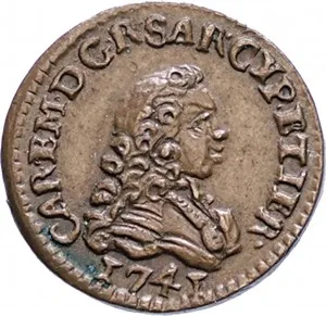 Carlo Emanuele III di Savoia 1730 1773 Regno di Sardegna Periodo anteriore alla riforma monetaria del 1754 Monetazione per la Sardegna Mezzo cagliarese da 1 denaro 1741 1745 Croce piana 2 tipo 14 15 mm 1,01 1,25 g Cu dritto