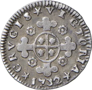 Carlo Emanuele III di Savoia 1730 1773 Regno di Sardegna Periodo anteriore alla riforma monetaria del 1754 Monetazione per la Sardegna Mezzo reale da 2,6 soldi 1732 Croce di San Maurizio 15 mm 1,23 1,19 g Ag rovescio