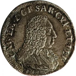 Carlo Emanuele III di Savoia 1730 1773 Regno di Sardegna Periodo anteriore alla riforma monetaria del 1754 Monetazione per la Sardegna Quarto di scudo 1732 Scudi a cartoccio accollati 26 mm 5,95 5,98 g Ag dritto