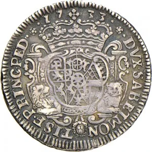 Carlo Emanuele III di Savoia 1730 1773 Regno di Sardegna Periodo anteriore alla riforma monetaria del 1754 Scudo da 5 lire 1733 1735 Scudo sagomato 42 43 mm 29,16 29,92 g Ag rovescio