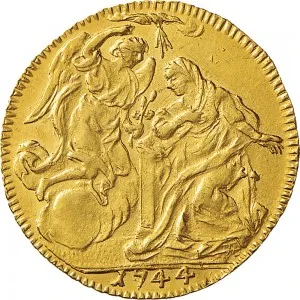 Carlo Emanuele III di Savoia 1730 1773 Regno di Sardegna Periodo anteriore alla riforma monetaria del 1754 Zecchino da 9,15 lire 1743 1744 Annunciazione 1 tipo 21,0 21,5 mm 3,36 3,46 g Au rovescio