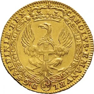 Carlo Emanuele III di Savoia 1730 1773 Regno di Sardegna Periodo anteriore alla riforma monetaria del 1754 Zecchino da 9,15 lire 1743 1744 Annunciazione 1 tipo 21,0 21,5 mm 3,36 3,46 g Au dritto