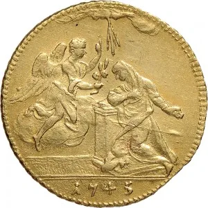 Carlo Emanuele III di Savoia 1730 1773 Regno di Sardegna Periodo anteriore alla riforma monetaria del 1754 Zecchino da 9,15 lire 1745 1746 Annunciazione 2 tipo 21,0 21,5 mm 2,43 3,50 g Au rovescio