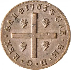 Carlo Emanuele III di Savoia 1730 1773 Regno di Sardegna Periodo posteriore alla riforma monetaria del 1754 Monetazione per la Sardegna Cagliarese da 2 denari 1763 1769 Nodo d'amore 18 mm 1,68 2,28 g Cu dritto