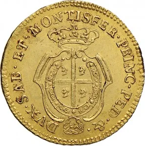Carlo Emanuele III di Savoia 1730 1773 Regno di Sardegna Periodo posteriore alla riforma monetaria del 1754 Monetazione per la Sardegna Doppietta da 10 reali 1768 1772 Scudo ovale a cartoccio 22 mm 3,13 3,21 g Au rovescio