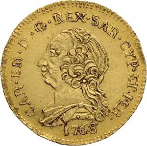 Carlo Emanuele III di Savoia 1730 1773 Regno di Sardegna Periodo posteriore alla riforma monetaria del 1754 Monetazione per la Sardegna Doppietta da 10 reali 1768 1772 Scudo ovale a cartoccio 22 mm 3,13 3,21 g Au dritto