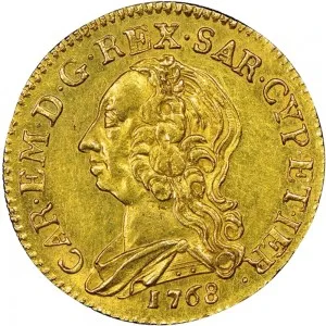 Carlo Emanuele III di Savoia 1730 1773 Regno di Sardegna Periodo posteriore alla riforma monetaria del 1754 Monetazione per la Sardegna Mezzo carlino da 2,5 doppiette 1768 1771 Scudo ovale a cartoccio 27 mm 7,92 8,03 g Au dritto