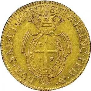 Carlo Emanuele III di Savoia 1730 1773 Regno di Sardegna Periodo posteriore alla riforma monetaria del 1754 Monetazione per la Sardegna Mezzo carlino da 2,5 doppiette 1768 1771 Scudo ovale a cartoccio 27 mm 7,92 8,03 g Au rovescio