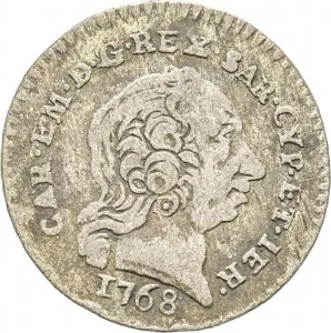 Carlo Emanuele III di Savoia 1730 1773 Regno di Sardegna Periodo posteriore alla riforma monetaria del 1754 Monetazione per la Sardegna Mezzo reale da 2,6 soldi 1768 1772 Scudo rotondo 20 mm 2,10 2,65 g Mi dritto
