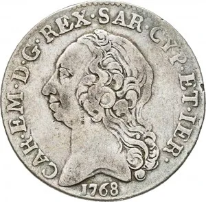 Carlo Emanuele III di Savoia 1730 1773 Regno di Sardegna Periodo posteriore alla riforma monetaria del 1754 Monetazione per la Sardegna Quarto di scudo 1768 1772 Scudo a cartoccio 27 28 mm 5,59 5,85 g Ag dritto