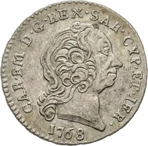 Carlo Emanuele III di Savoia 1730 1773 Regno di Sardegna Periodo posteriore alla riforma monetaria del 1754 Monetazione per la Sardegna Reale da 5 soldi 1768 1772 Scudo a cartoccio 22 mm 2,80 3,22 g Mi dritto
